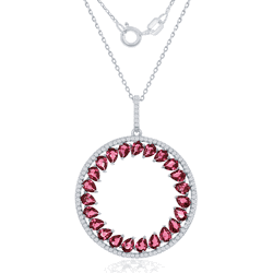 Sterling Silver Round Open Marquise Created Pink Sapphire and White CZ Pendant WChain  - K-7512