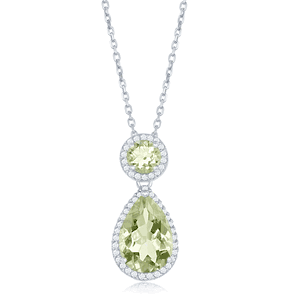 Sterling Silver Round & Pear-Shaped 3.01cttw Green Amethyst w 0.783cttw White Topaz Border Necklace - 17 Inch - BLK-8066