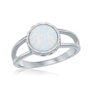Sterling Silver  Round White Inlay Opal Open Band Ring - Size 7 - W-2525-7