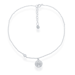 Sterling Silver Sand Dollar with Single CZ Anklet - 9 Inch - R-9154