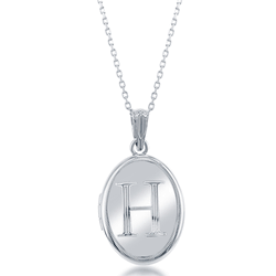 Sterling Silver Shiny Oval with Center H Initial Locket WChain  - J-2645