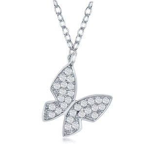 Sterling Silver  Small CZ Butterfly Necklace - 16 Inch - M-4955