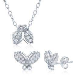 Sterling Silver Small CZ Moth Necklace & Earrings Set - 14 Inch - SET-523