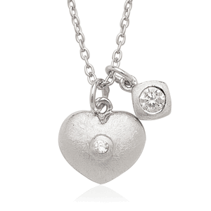 Sterling Silver Small CZ with Heart Double Pendant Childrens Necklace - 14 Inch - M-5023
