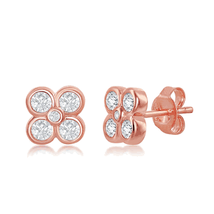 Sterling Silver Small Flower CZ Stud Earrings - Rose Gold Plated  - D-7008-RG