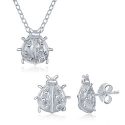 Sterling Silver Small Lady Bug Necklace & Earrings Set - 14 Inch - SET-527