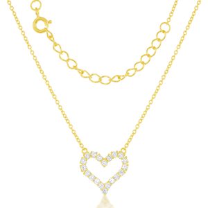Sterling Silver Small Open CZ Heart Necklace - Gold Plated - 16 Inch - M-5351