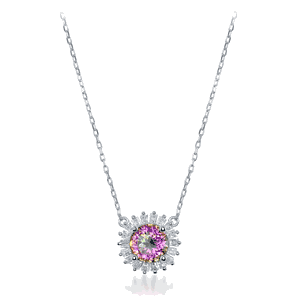 Sterling Silver  Small Round Rainbow CZ with CZ Border Necklace - 16 Inch - M-5221