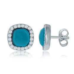 Sterling Silver Small Square Turquoise with CZ Border Stud Earrings  - D-6157