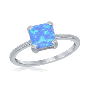 Sterling Silver Square Blue Opal Beaded Band Ring - Size 6 - W-2527-6