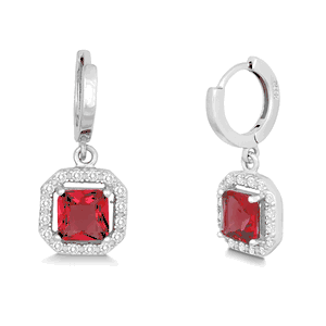 Sterling Silver Square Dangling Red CZ Micro Pave Earrings  - D-5249