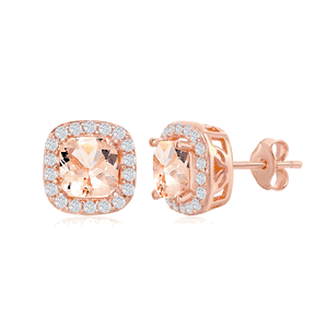 Sterling Silver Square Morganite CZ with White CZ Border Earrings - Rose Gold Plated  - D-6923