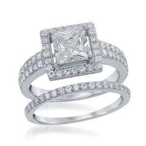 Sterling Silver Square Shaped CZ Engagement Ring Set - Size 7 - W-1370-7