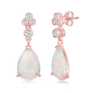 Sterling Silver Triple CZ Cluster Pear-Shaped White Inlay Opal Earrings - Rose Gold Plated  - D-7179-RG