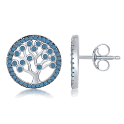Sterling Silver Turquoise Round Tree of Life Earrings  - D-6441