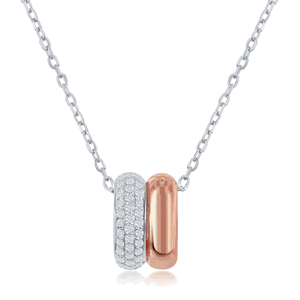 Sterling Silver Two-Tone Rose Gold Micro Pave Double Oval Necklace - 16 Inch - M-6100