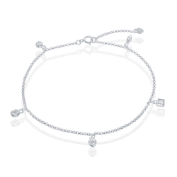 Sterling Silver W Hanging Charms CZ Anklet - 9 Inch - HB-734-10
