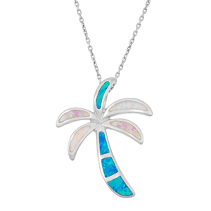 Sterling Silver White&comma; Pink&comma; and Blue Inlay Opal Palm Tree Pendant  - K-7260