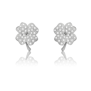 Sterling Silver White Enamel 4-Leaf WCrystals Earrings  - D-3574