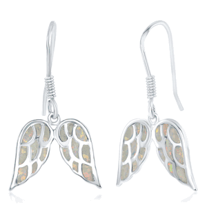 Sterling Silver White Inlay Opal Angel Wings Earrings  - D-6853