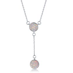Sterling Silver  White Inlay Opal Double Disc Lariat Necklace - 16 Inch - M-6202