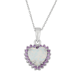 Sterling Silver White Inlay Opal with Amethyst CZ Border Heart Pendant  - K-7306