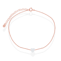 Sterling Silver White Opal Heart Anklet - Rose Gold Plated - 9 Inch - R-9205