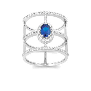 Sterling Silver Wide Triple Row with Center Blue Oval CZ Ring - Size 8 - W-9957-8