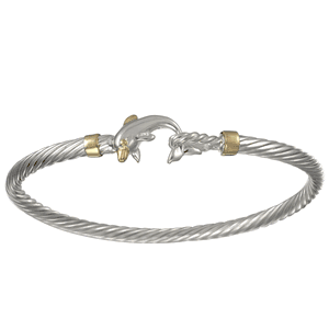 Two Tone Dolphin Cable Hook Bracelet - Silver 14K Gold Wraps 3.5mm 6.5 Inch