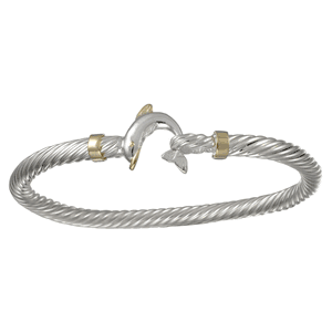 Two Tone Dolphin Cable Hook Bracelet - Sterling Silver 14K Gold Wraps 5mm 7 Inch