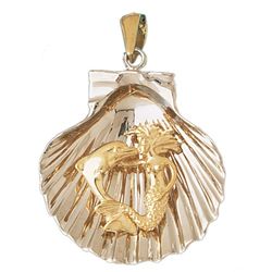 Two Tone Shell with Mermaid and Dolphin Gold Charm DAZ-1