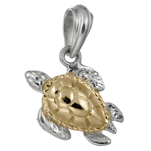 Two Tone Turtle Pendant - Sterling Silver & 14K Gold