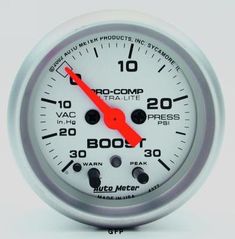 Auto Meter : 4376 2 1/16"  Ultra-Lite - Boost/Vacuum Gauge - Electric - Full Sweep - 30 In. Hg / 15 PSI  With Peak Memory And Warning