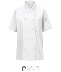 045XWH Women's White Short Sleeve Chef Coat With Oil Blok + Mimix
