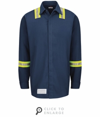 Bulwark FR SMS6NV Men's Long Sleeve Snap Front Work Shirt with Striping - Navy