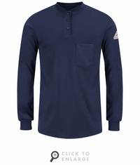Bulwark SEL3NV EXCEL- FR Women's Navy Long Sleeve Henley Shirt CAT2
