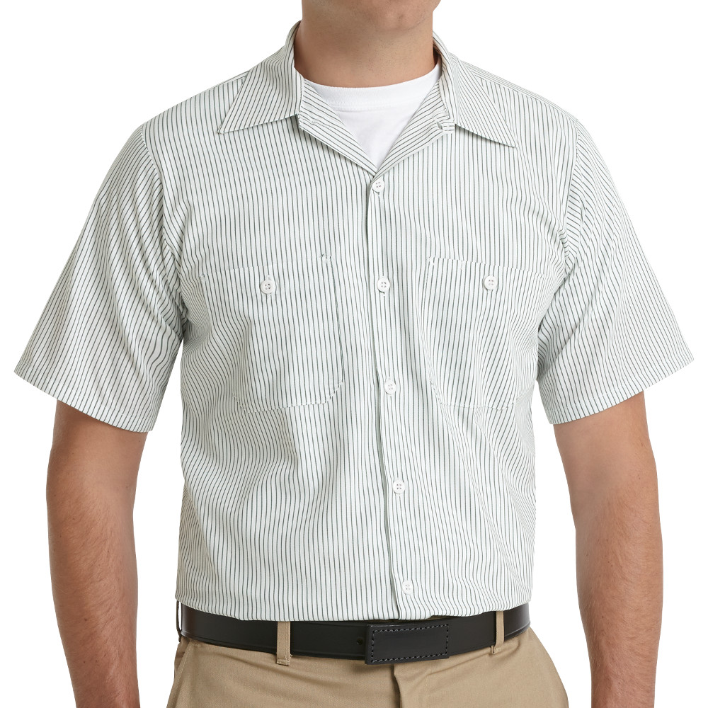 SP20GW Short Sleeve White/Green Stripe Industrial Work Shirt