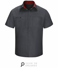 SY42CF Men's Short Sleeve Charcaol/Fireball Red Mesh Performance Plus Shop Shirt with OilBlok Technology