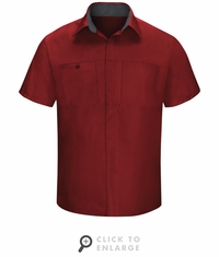 SY42FC Men's Short Sleeve Fireball Red/Charcaol Mesh Performance Plus Shop Shirt with OilBlok Technology