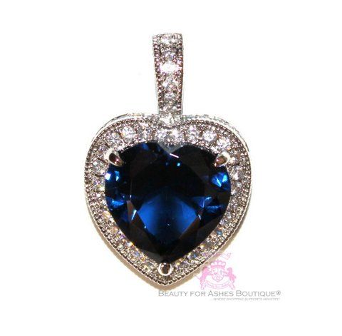 925 Sterling Silver Heart for Jerusalem Sapphire Cubic Zirconia Pendant