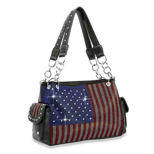 American Flag Red White Blue Rhinestone Bling Black Hobo Patriotic Handbag Bag