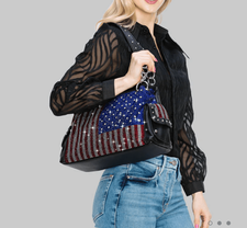 American Flag Red White Blue Rhinestone Bling Black Hobo Patriotic Handbag Bag