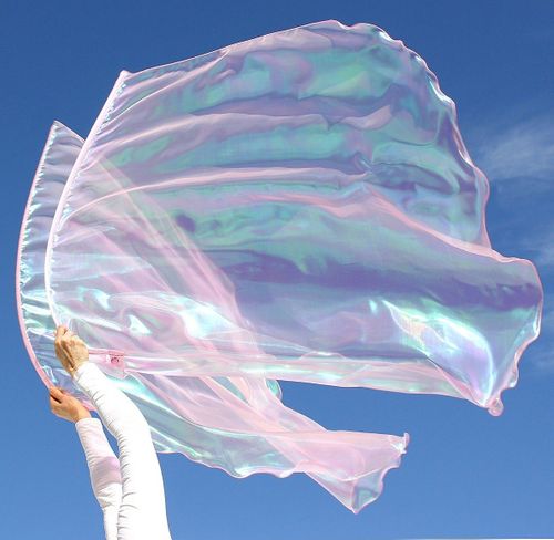 Iridescent Pink Opal 'In His Time - He Makes All Things Beautiful'  Pearl Opalescent Sheer Praise Dance Worship Flags w/ Flex Rod Set of 2