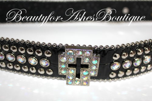 Vintage Rhinestone Belt Made in Spain Wide Leather Aurora Borealis Buckle Y2K Pink Rhinestone Clear Aurora Borealis Silver Buckle and Ball  main image 3