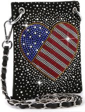 Patriotic Red White Blue Rhinestone Bling Black Hobo Crossbody Mini Phone Bag