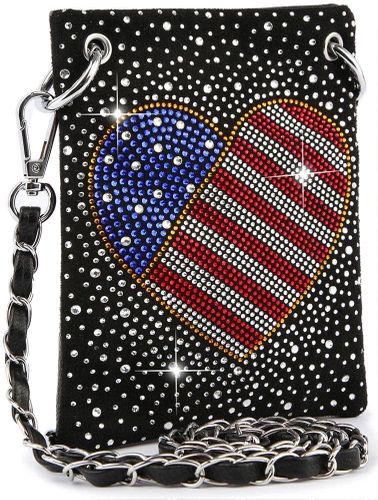 Patriotic Red White Blue Rhinestone Bling Black Hobo Crossbody Mini Phone Bag