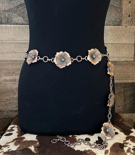 Western Concho Floral Flower Metal Cable Link Belt Turquoise Accents