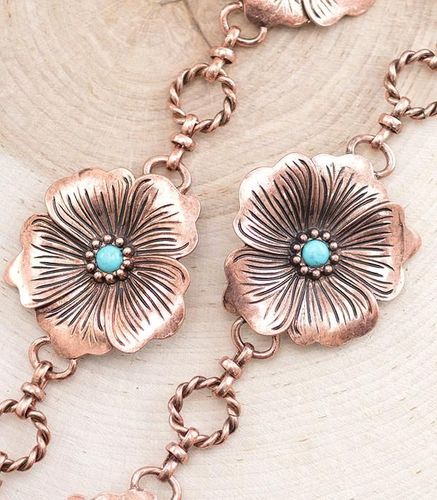 Western Concho Floral Flower Metal Cable Link Belt Turquoise Accents