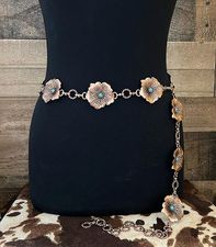 Western Concho Floral Flower Metal Cable Link Belt Turquoise Accents