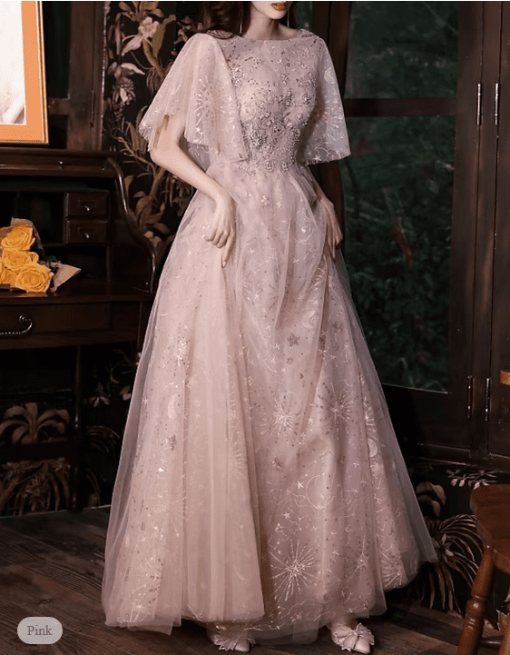 Elegant Engagement Dress Jewel Neck Short Sleeves Zipper Natural Waist Floor Length  Split Engagement Dress